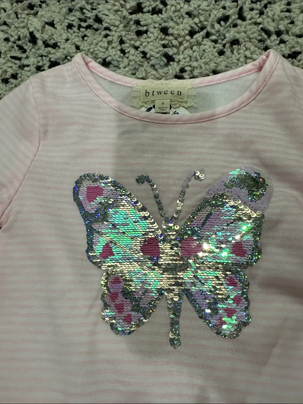 btween Pink Striped Top with Iridescent Sequin Butterfly - Picture 2 of 5